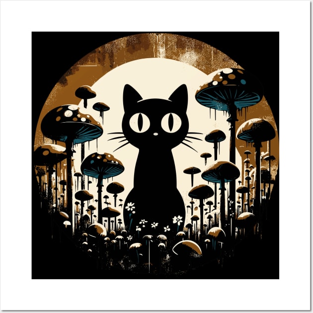 Funny Retro Black Cat in Mushroom Garden Wall Art by TomFrontierArt